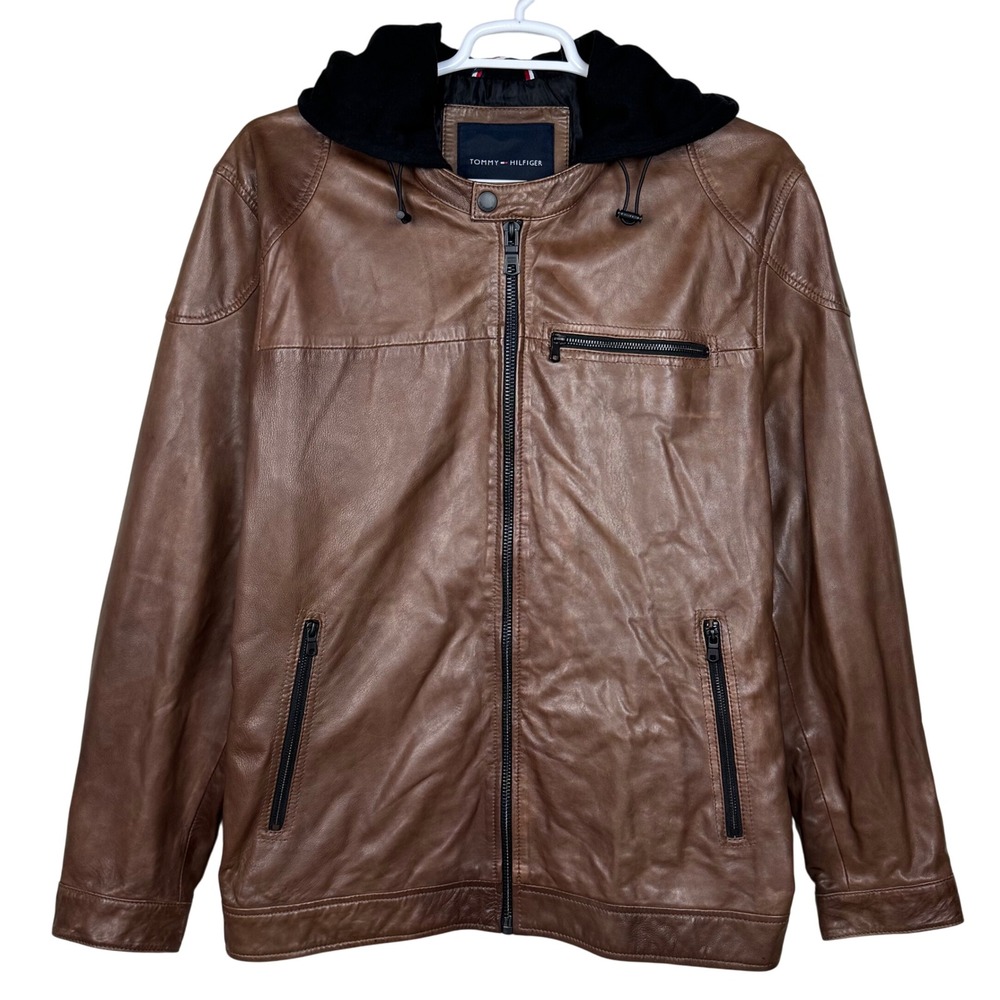 Tommy Hilfiger Leather Hooded Jacket Mens XXL Brown Full Zip‎ Moto Field Retro